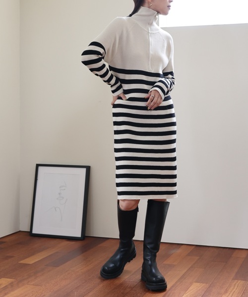 ULEULA（ウルア）の「ハーフZIPボーダーニットワンピース（ワンピース・レディース・アイボリー/ブラック・FREE）」の4枚目の写真