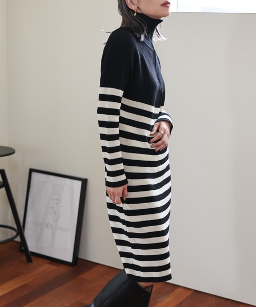 ULEULA（ウルア）の「ハーフZIPボーダーニットワンピース（ワンピース・レディース・アイボリー/ブラック・FREE）」の9枚目の写真