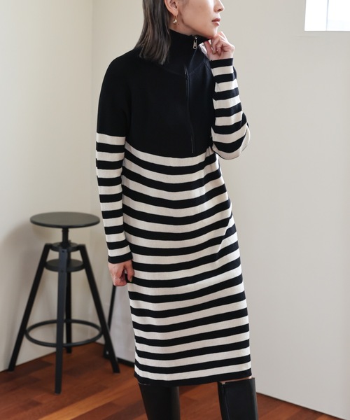ULEULA（ウルア）の「ハーフZIPボーダーニットワンピース（ワンピース・レディース・アイボリー/ブラック・FREE）」の8枚目の写真