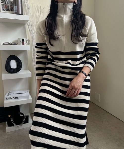 ULEULA（ウルア）の「ハーフZIPボーダーニットワンピース（ワンピース・レディース・アイボリー/ブラック・FREE）」の16枚目の写真