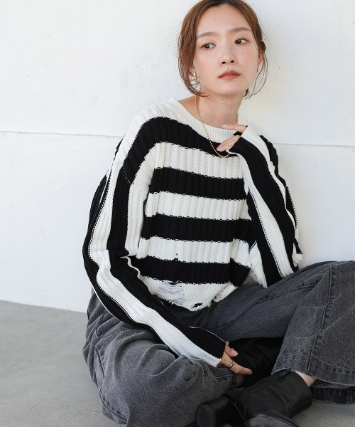 Bab（バブ）の「ダメージヘムニット（ニット/セーター・レディース・ブラック/オフホワイト/ベージュ・FREE）」の2枚目の写真