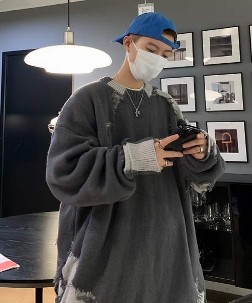 MGV（エムジーヴィー）の「ストリートダメージドッキングニット（ニット/セーター・メンズ・グレー/ブラック・X-LARGE/LARGE/MEDIUM）」の4枚目の写真