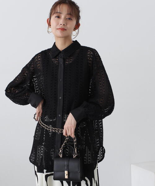 N.（N. Natural Beauty Basic）（エヌエヌナチュラルビューティーベーシック）の「◆ラッセルキカレースシャツ（シャツ/ブラウス・レディース・ブラック/オフホワイト・MEDIUM）」の4枚目の写真