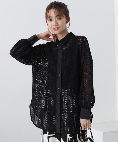 N.（N. Natural Beauty Basic）（エヌエヌナチュラルビューティーベーシック）の「◆ラッセルキカレースシャツ（シャツ/ブラウス・レディース・ブラック/オフホワイト・MEDIUM）」の8枚目の写真
