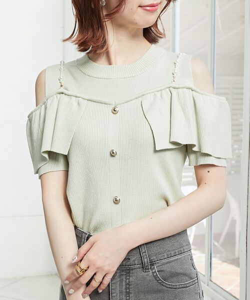 MAJESTIC LEGON（マジェスティックレゴン）の「パールストラップ肩あきニット（その他トップス・レディース・ライトグリーン/アイボリー/チャコールグレー・MEDIUM）」の16枚目の写真