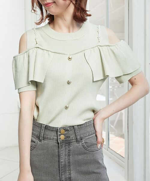 MAJESTIC LEGON（マジェスティックレゴン）の「パールストラップ肩あきニット（その他トップス・レディース・ライトグリーン/アイボリー/チャコールグレー・MEDIUM）」の5枚目の写真