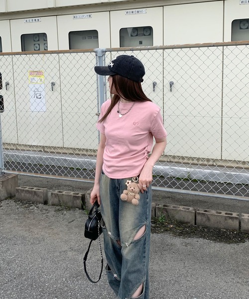 non-hedge(ノンヘッジ)の「ハート刺繍半袖Tシャツ(Tシャツ/カットソー・レディース・ブラック/オフホワイト/グレー/チャコールグレー/ピンク/ブラウン・FREE)」の8枚目の写真
