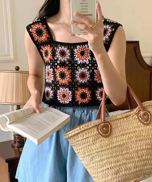 SpRay（スプレイ）の「花クロシェスクエアビスチェ（タンクトップ・レディース・アイボリー/ブラック・FREE）」の7枚目の写真