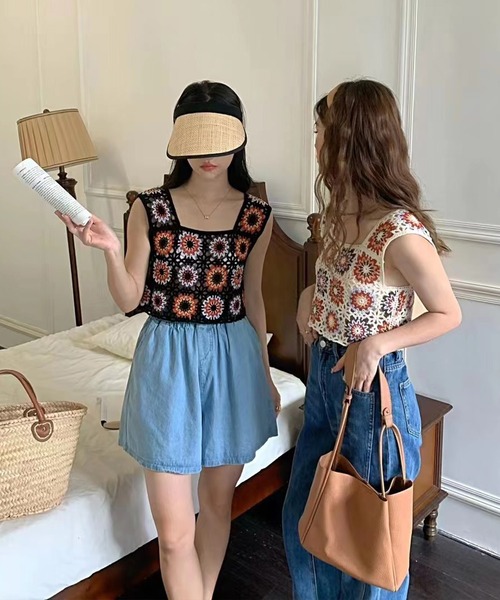 SpRay（スプレイ）の「花クロシェスクエアビスチェ（タンクトップ・レディース・アイボリー/ブラック・FREE）」の8枚目の写真