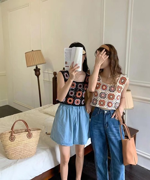 SpRay（スプレイ）の「花クロシェスクエアビスチェ（タンクトップ・レディース・アイボリー/ブラック・FREE）」の9枚目の写真