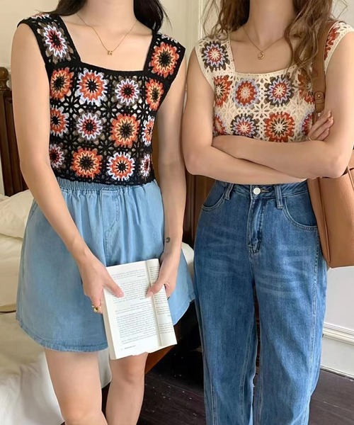 SpRay（スプレイ）の「花クロシェスクエアビスチェ（タンクトップ・レディース・アイボリー/ブラック・FREE）」の10枚目の写真