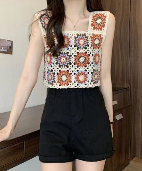 SpRay（スプレイ）の「花クロシェスクエアビスチェ（タンクトップ・レディース・アイボリー/ブラック・FREE）」の13枚目の写真