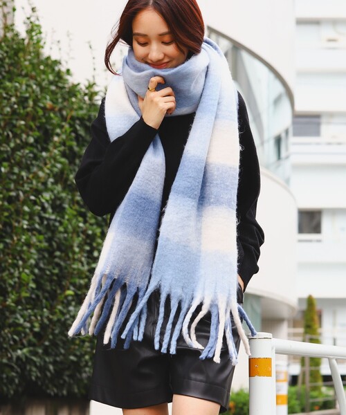 beautiful people モヘアマフラー グレー・青・白チェック beautiful people モヘアマフラー グレー・青・白チェック