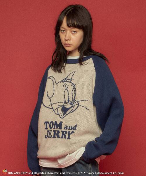 【セール】【SEQUENZ（シークエンズ）】TJ CAN'T CHOOSE RAGLAN KNIT / ニット クルーネック ラグラン 配色 ジャガード トム & ジェリー（ニット/セーター）｜TOM&JERRY（トムアンドジェリー）