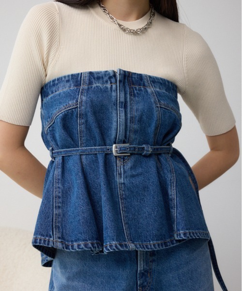 AZUL by moussy(アズールバイマウジー)の「デニムベアビスチェ(キャミソール・レディース・ライトブラック/ブルー・FREE)」の2枚目の写真