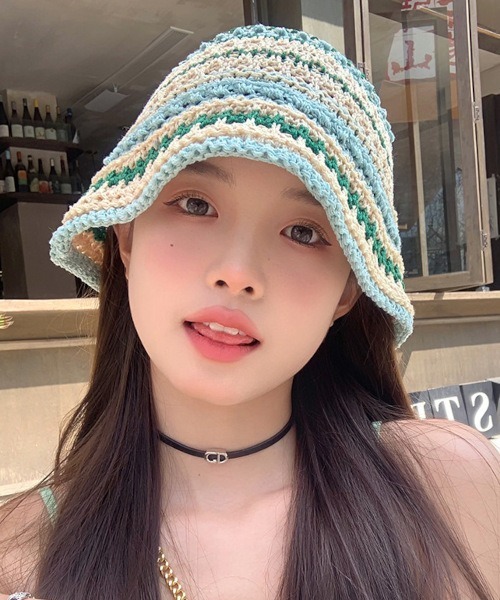 Bz】ボーダークロシェハット/かぎ編みサマーニット（MA）（ハット