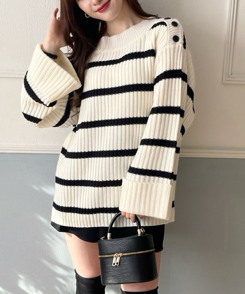 PURE BRIGHT（ピュアブライト）の「ワイドスリーブボーダーニット（ニット/セーター・レディース・ホワイト/グレー・FREE）」の2枚目の写真