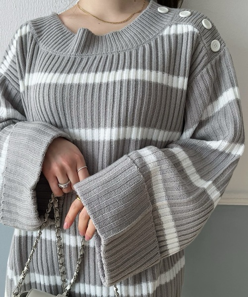 PURE BRIGHT（ピュアブライト）の「ワイドスリーブボーダーニット（ニット/セーター・レディース・ホワイト/グレー・FREE）」の13枚目の写真