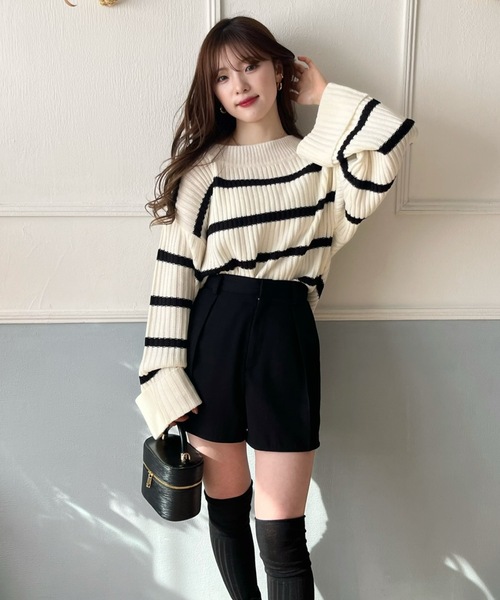 PURE BRIGHT（ピュアブライト）の「ワイドスリーブボーダーニット（ニット/セーター・レディース・ホワイト/グレー・FREE）」の7枚目の写真