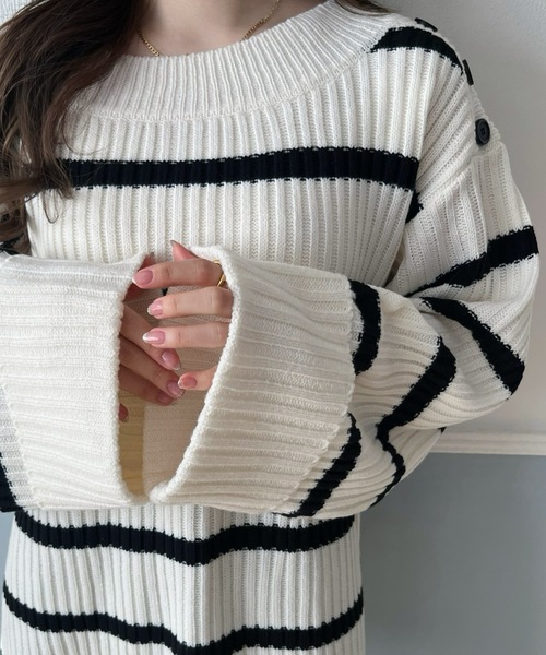 PURE BRIGHT（ピュアブライト）の「ワイドスリーブボーダーニット（ニット/セーター・レディース・ホワイト/グレー・FREE）」の4枚目の写真