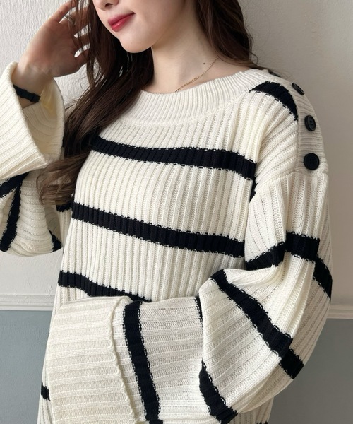 PURE BRIGHT（ピュアブライト）の「ワイドスリーブボーダーニット（ニット/セーター・レディース・ホワイト/グレー・FREE）」の5枚目の写真