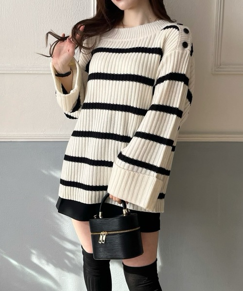 PURE BRIGHT（ピュアブライト）の「ワイドスリーブボーダーニット（ニット/セーター・レディース・ホワイト/グレー・FREE）」の8枚目の写真