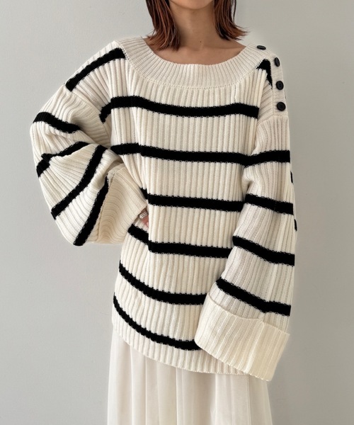 PURE BRIGHT（ピュアブライト）の「ワイドスリーブボーダーニット（ニット/セーター・レディース・ホワイト/グレー・FREE）」の3枚目の写真