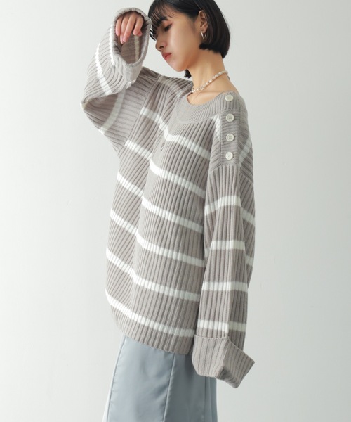 PURE BRIGHT（ピュアブライト）の「ワイドスリーブボーダーニット（ニット/セーター・レディース・ホワイト/グレー・FREE）」の21枚目の写真