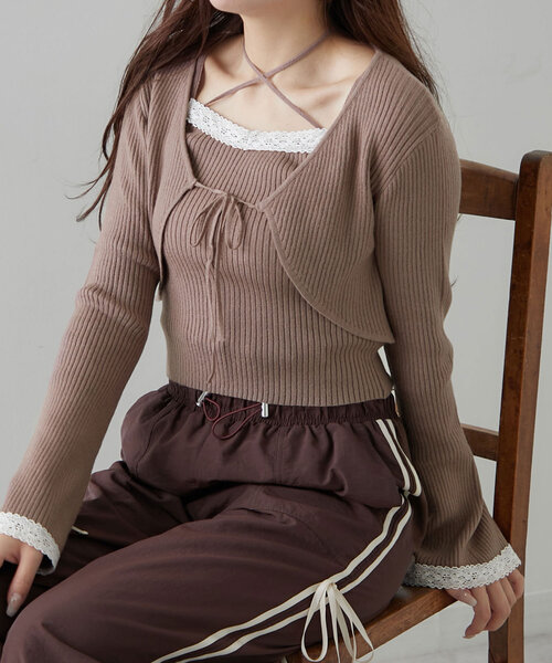 OLIVE des OLIVE（オリーブデオリーブ）の「配色レースボレロアンサンブル（アンサンブル・レディース・モカ/ピンク/オフホワイト/ブラック・FREE）」の3枚目の写真