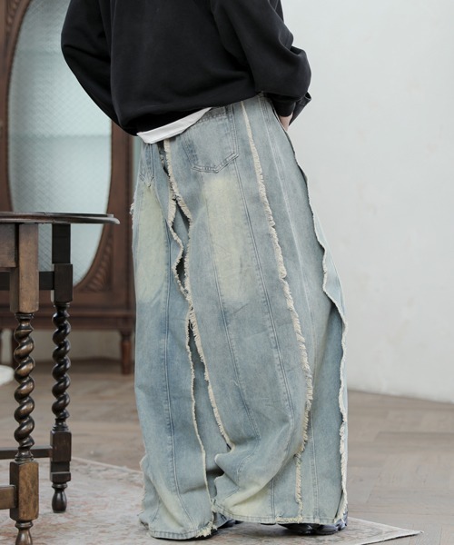 デニムワイドパンツ side line リメイク セール】【FVLMEN】remake side fringe line wide denim