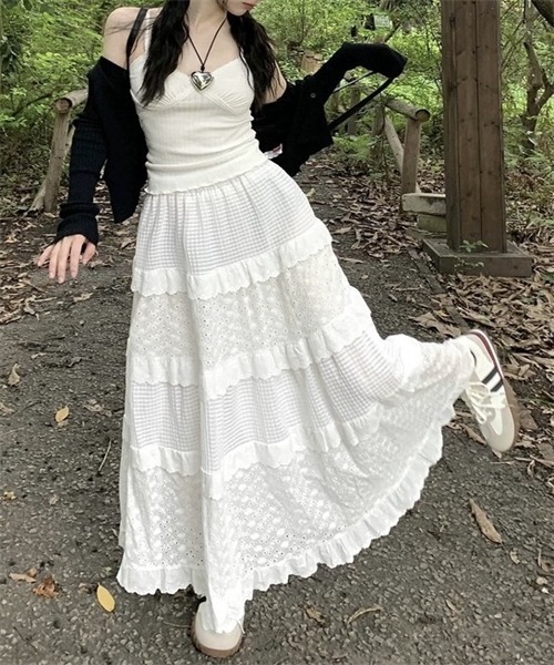 Dream garden(ドリームガーデン)の「綿刺繍レースフリル ティアードスカート(スカート・レディース・ホワイト・M/L/S/XL)」の8枚目の写真