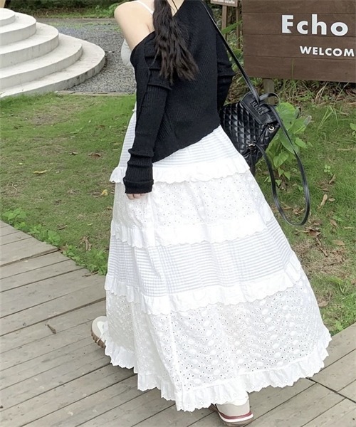 Dream garden(ドリームガーデン)の「綿刺繍レースフリル ティアードスカート(スカート・レディース・ホワイト・M/L/S/XL)」の5枚目の写真