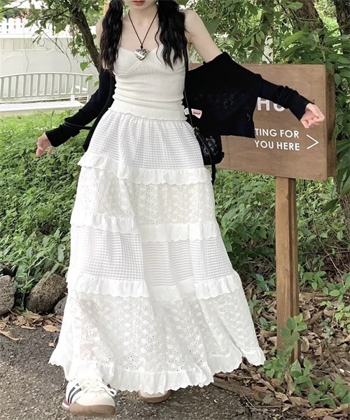 Dream garden(ドリームガーデン)の「綿刺繍レースフリル ティアードスカート(スカート・レディース・ホワイト・M/L/S/XL)」の7枚目の写真