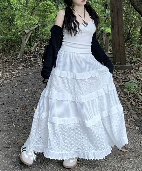 Dream garden(ドリームガーデン)の「綿刺繍レースフリル ティアードスカート(スカート・レディース・ホワイト・M/L/S/XL)」の11枚目の写真