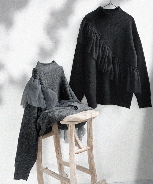 antiqua(アンティカ)の「チュールフリルニット(ニット/セーター・レディース・ブラック/グレー・ONESIZE)」の13枚目の写真