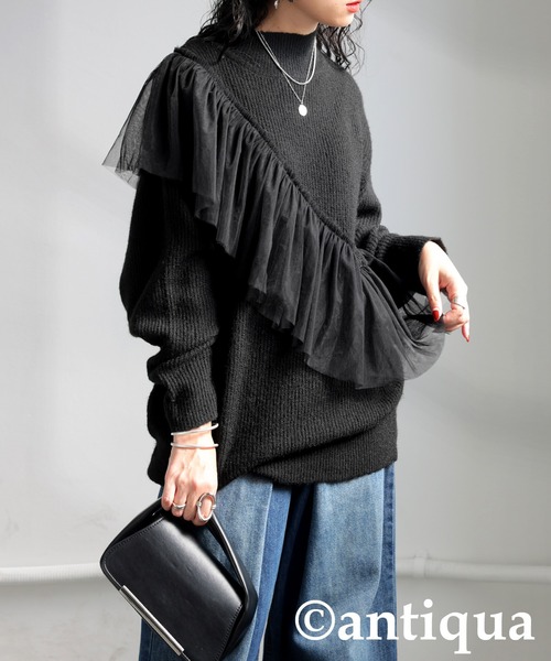 antiqua(アンティカ)の「チュールフリルニット(ニット/セーター・レディース・ブラック/グレー・ONESIZE)」の3枚目の写真