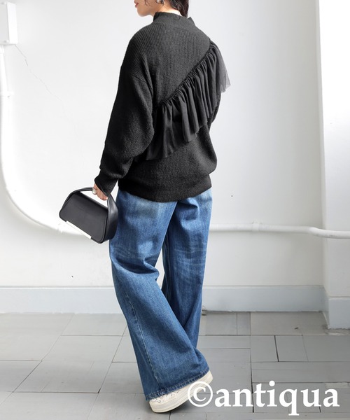 antiqua(アンティカ)の「チュールフリルニット(ニット/セーター・レディース・ブラック/グレー・ONESIZE)」の4枚目の写真
