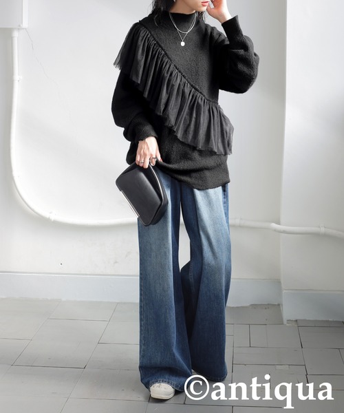 antiqua(アンティカ)の「チュールフリルニット(ニット/セーター・レディース・ブラック/グレー・ONESIZE)」の6枚目の写真