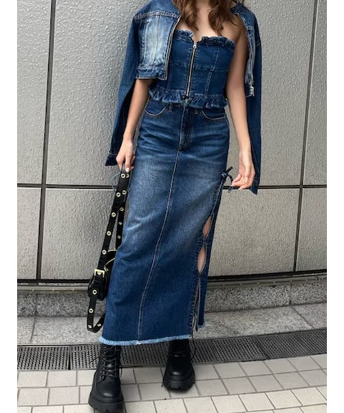 新作✨EVRIS サイドリボンカットロングデニムスカート セール】サイドリボンカットロングデニムスカート【セットアップ