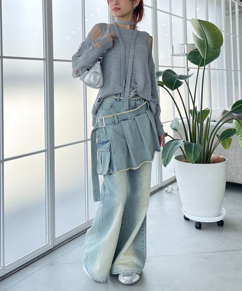 SPIRALGIRL（スパイラルガール）の「スカーフ付きダメージオーバーニット（ニット/セーター・レディース・ホワイト/ブラウン/グレー/ピンク・FREE）」の13枚目の写真