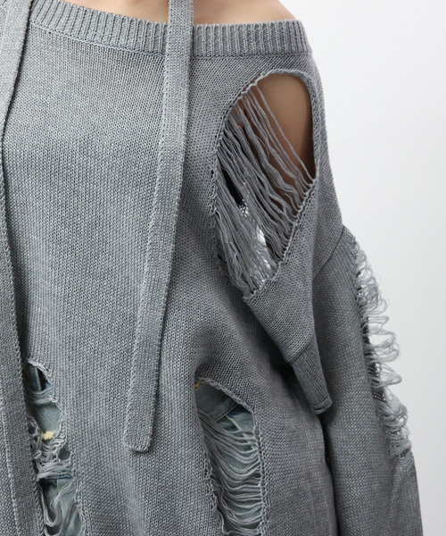 SPIRALGIRL（スパイラルガール）の「スカーフ付きダメージオーバーニット（ニット/セーター・レディース・ホワイト/ブラウン/グレー/ピンク・FREE）」の22枚目の写真