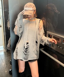 スカーフ付きダメージオーバーニット