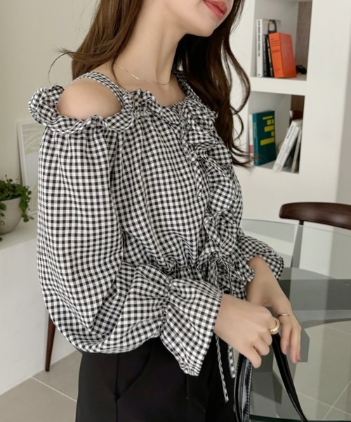 セール】フリル リボン デザイン オフショル ギンガムチェック