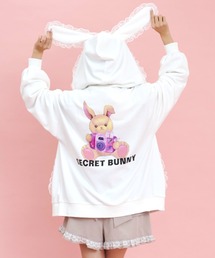 レースアップポケットバックプリントうさ耳パーカー