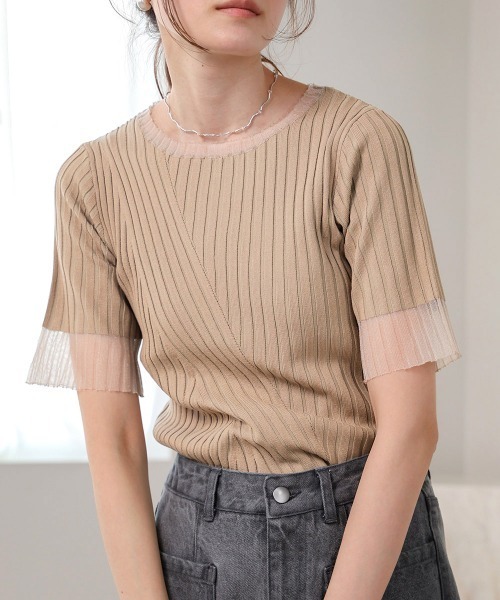 Bab(バブ)の「シアー使い5分袖リブニットトップス/サマーニット(Tシャツ/カットソー・レディース・アイボリー/ブルー/ブラック/パープル/チャコールグレー/ベージュ/ブラウン・FREE)」の5枚目の写真