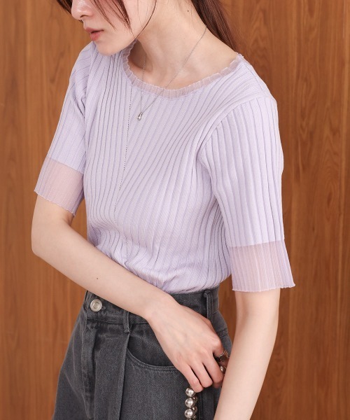 Bab(バブ)の「シアー使い5分袖リブニットトップス/サマーニット(Tシャツ/カットソー・レディース・アイボリー/ブルー/ブラック/パープル/チャコールグレー/ベージュ/ブラウン・FREE)」の7枚目の写真