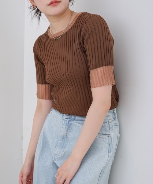 トップス ari シアー使い5分袖リブニットトップス