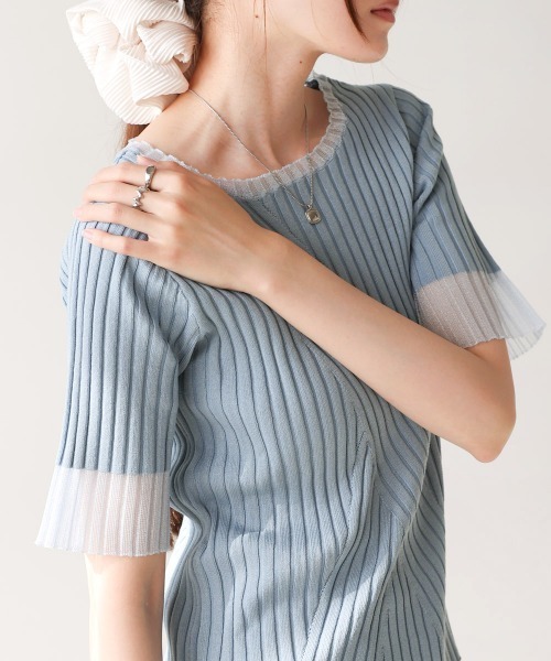 Bab(バブ)の「シアー使い5分袖リブニットトップス/サマーニット(Tシャツ/カットソー・レディース・アイボリー/ブルー/ブラック/パープル/チャコールグレー/ベージュ/ブラウン・FREE)」の6枚目の写真