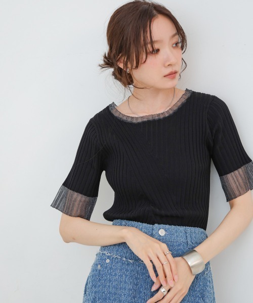Bab(バブ)の「シアー使い5分袖リブニットトップス/サマーニット(Tシャツ/カットソー・レディース・アイボリー/ブルー/ブラック/パープル/チャコールグレー/ベージュ/ブラウン・FREE)」の3枚目の写真