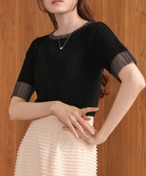 Bab(バブ)の「シアー使い5分袖リブニットトップス/サマーニット(Tシャツ/カットソー・レディース・アイボリー/ブルー/ブラック/パープル/チャコールグレー/ベージュ/ブラウン・FREE)」の17枚目の写真